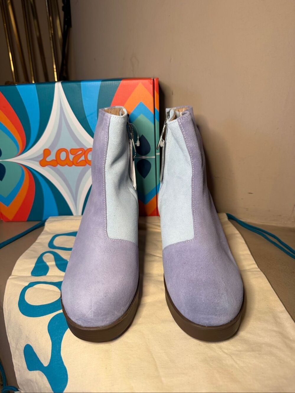 NWT Lazo Siren ankle boots in Lavender/Blue colorblock